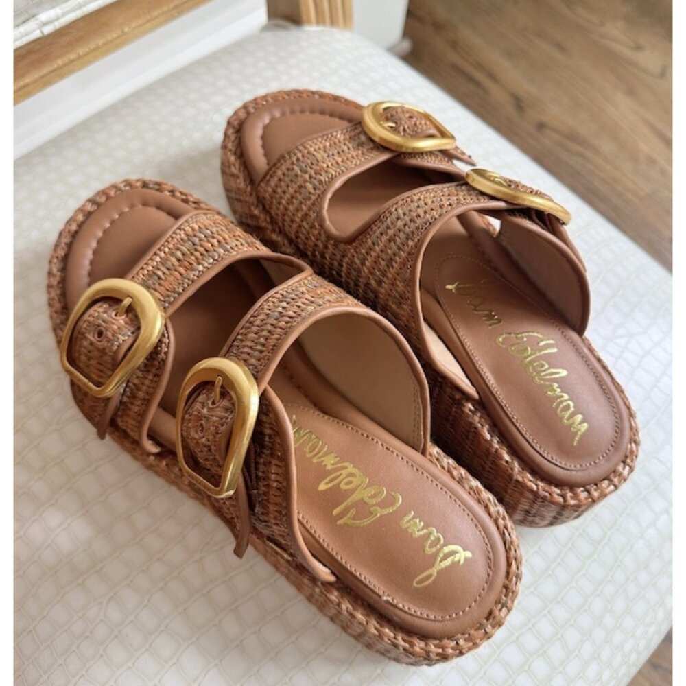 SAM EDELMAN Nerissa Raffia Buckle Wedge Slide in Cuoio Brown Size US 7.5